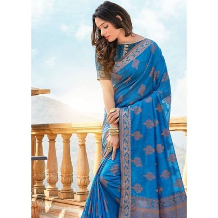 Myshop99 dark blue soft cotton silk weaving saree with zari work
