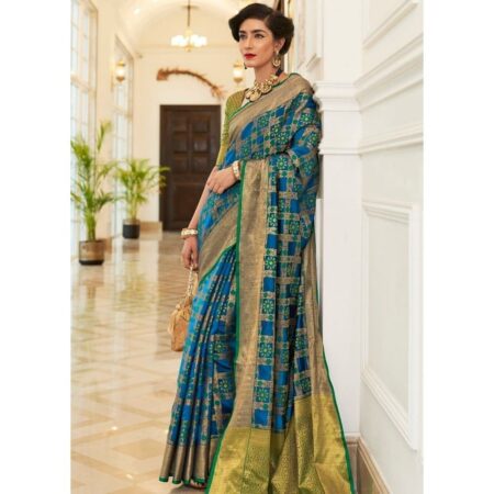 Myshop99 blue patola silk saree with golden border